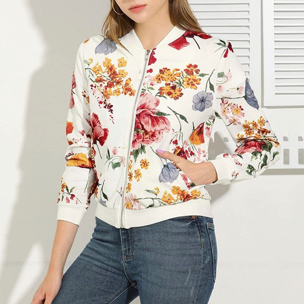 White with multi colored floral design bomber jacket.
